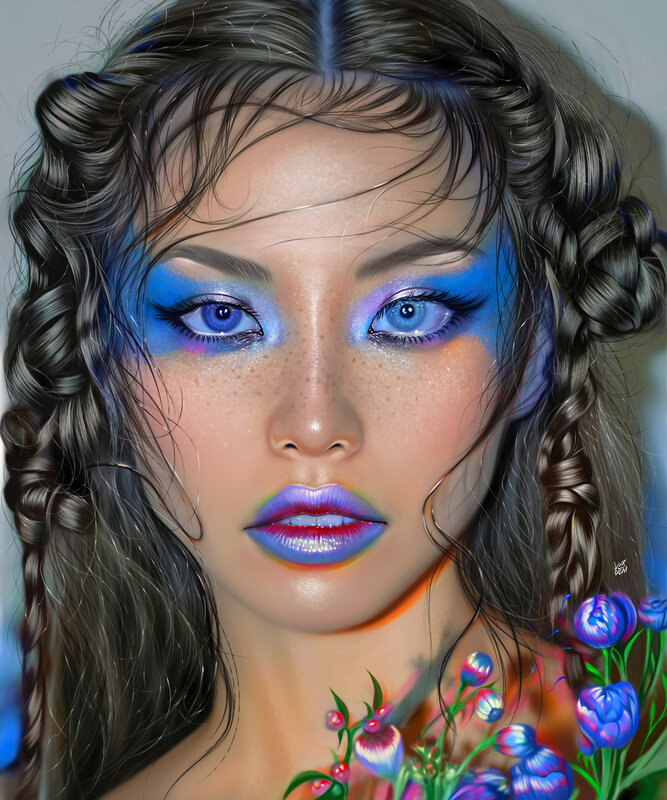 Woman with Blue Makeup — Dramatic, Digital Art, Braids
