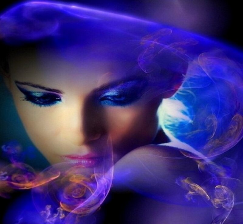 Woman with Blue Makeup — Dramatic, Digital Art, Smoke, Lighting