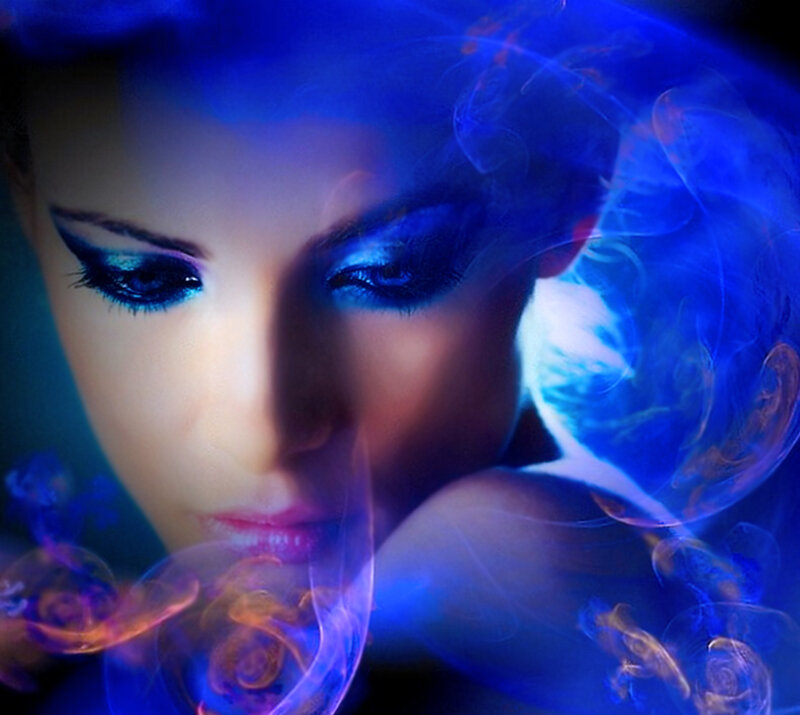 Woman with Blue Makeup — Dramatic, Digital Art, Smoke