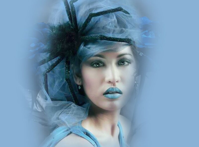 Woman with Blue Makeup — Dramatic, Digital Art, Tulle Hat