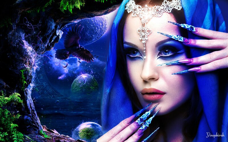 Woman with Blue Makeup — Dramatic, Night, Digital Art, Crown