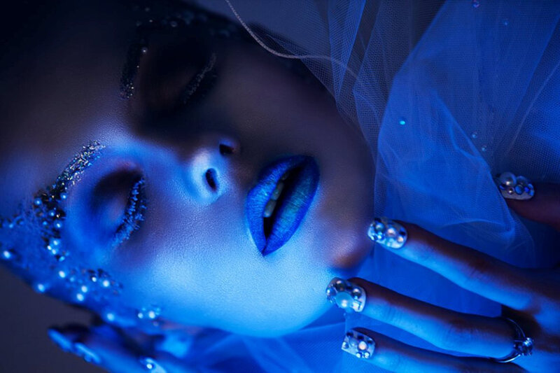 Woman with Blue Makeup — Dramatic, Night, Photograph