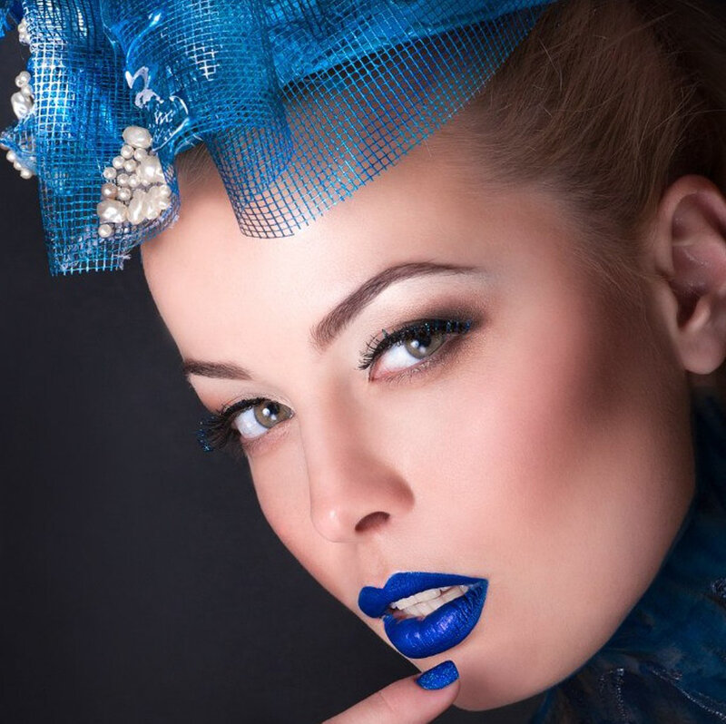 Woman with Blue Makeup — Dramatic, Photograph, Blue Hat