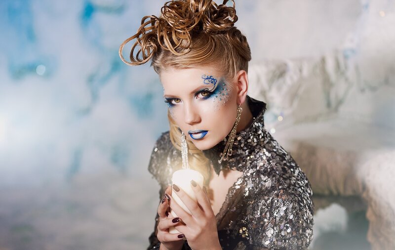 Woman with Blue Makeup — Dramatic, Photograph, Candle