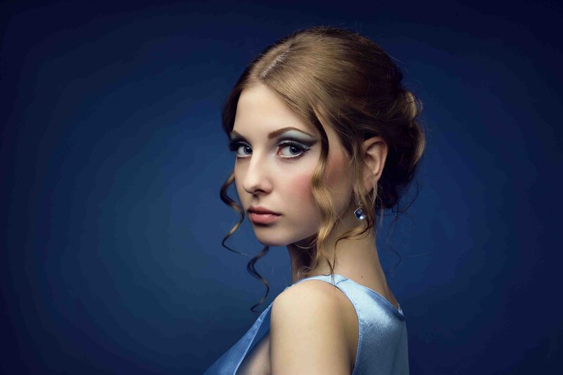 Woman with Blue Makeup — Dramatic, Photograph, Earring