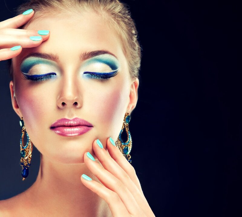 Woman with Blue Makeup — Dramatic, Photograph, Earrings, Nail Polish
