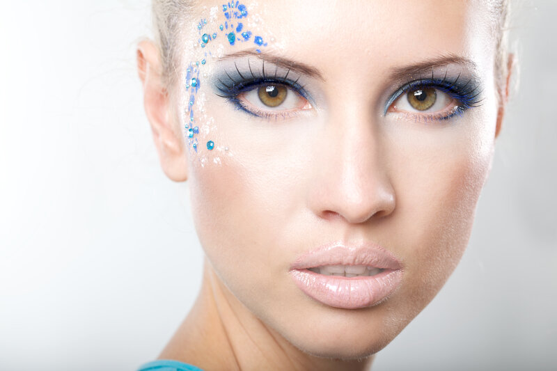 Woman with Blue Makeup — Dramatic, Photograph, Eyelashes