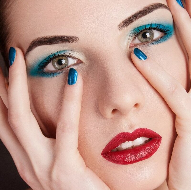 Woman with Blue Makeup — Dramatic, Photograph, Eyes, Lips, Hands