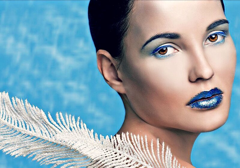 Woman with Blue Makeup — Dramatic, Photograph, Feather