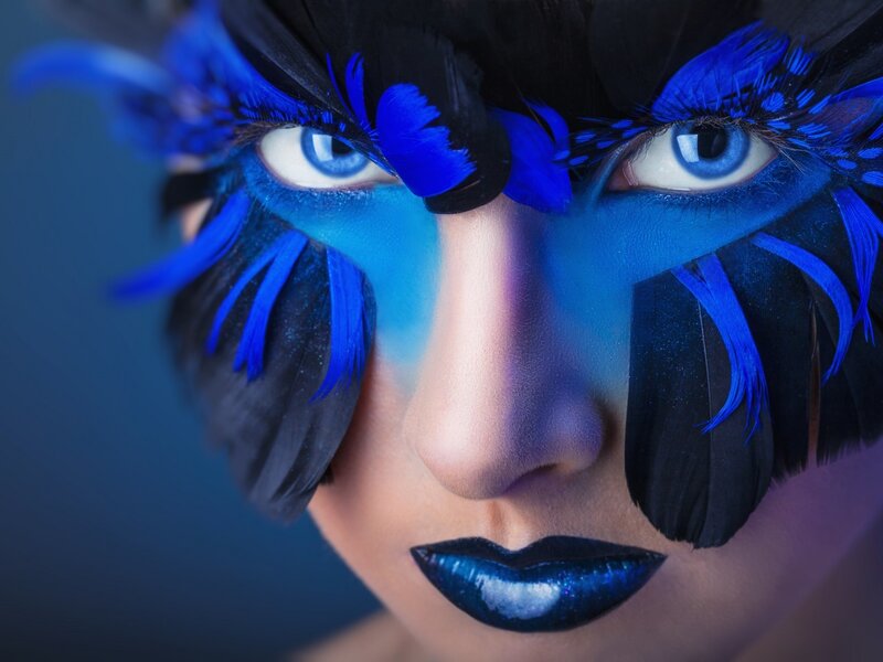 Woman with Blue Makeup — Dramatic, Photograph, Feathers, Eyes