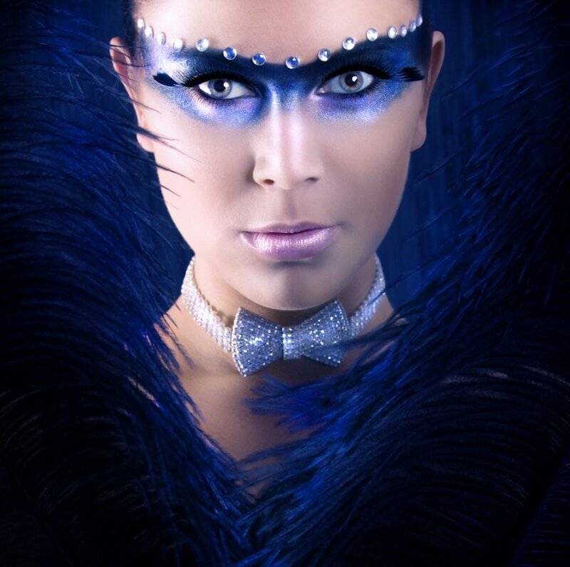Woman with Blue Makeup — Dramatic, Photograph, Feathers