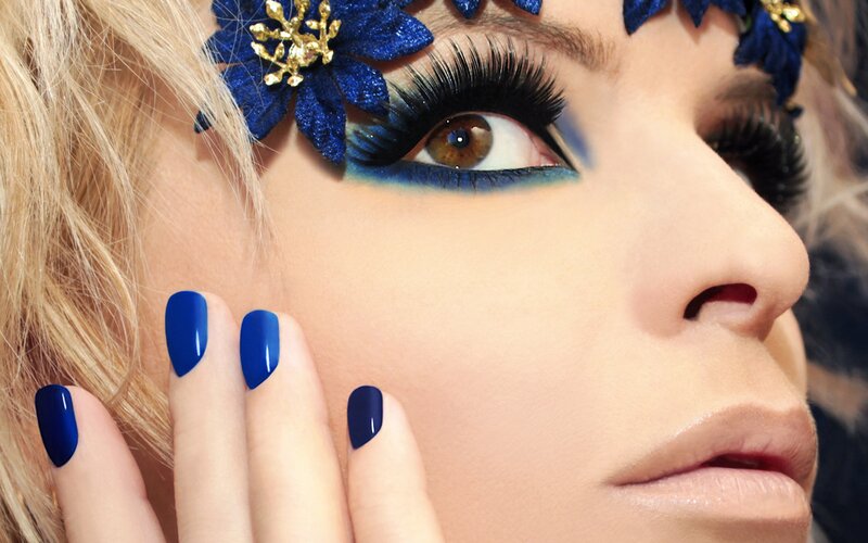 Woman with Blue Makeup — Dramatic, Photograph, Flower Crown, Nail Polish