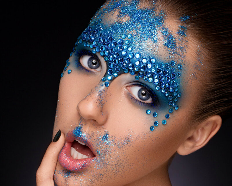 Woman with Blue Makeup — Dramatic, Photograph, Glitter, Rhinestones