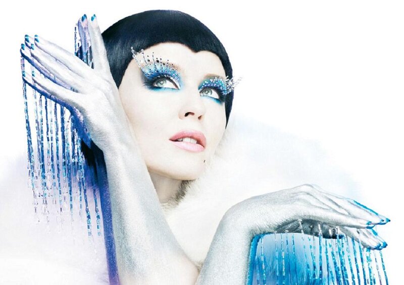 Woman with Blue Makeup — Dramatic, Photograph, Gloves