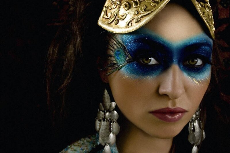 Woman with Blue Makeup — Dramatic, Photograph, Gold Headpiece