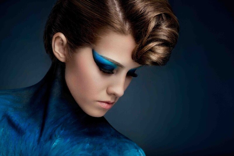Woman with Blue Makeup — Dramatic, Photograph, Hair, Body Paint