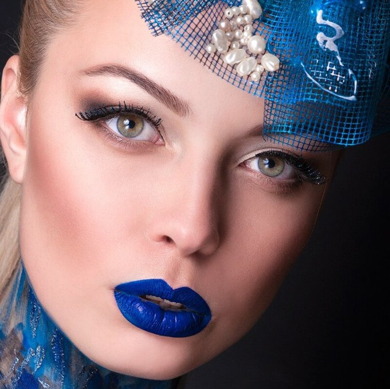Woman with Blue Makeup — Dramatic, Photograph, Hat