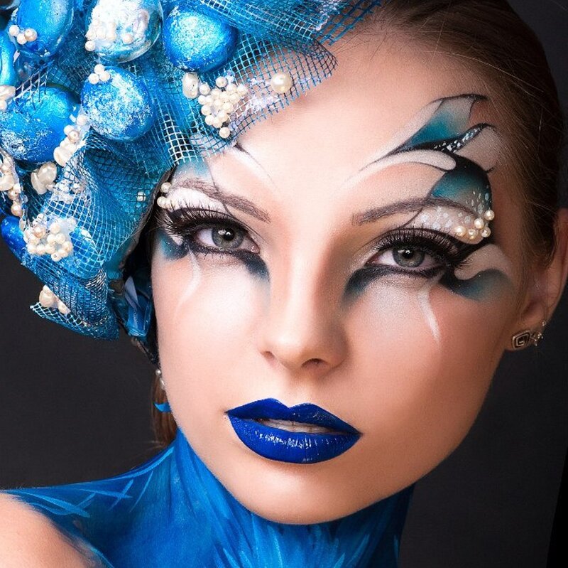 Woman with Blue Makeup — Dramatic, Photograph, Headpiece, Lipstick