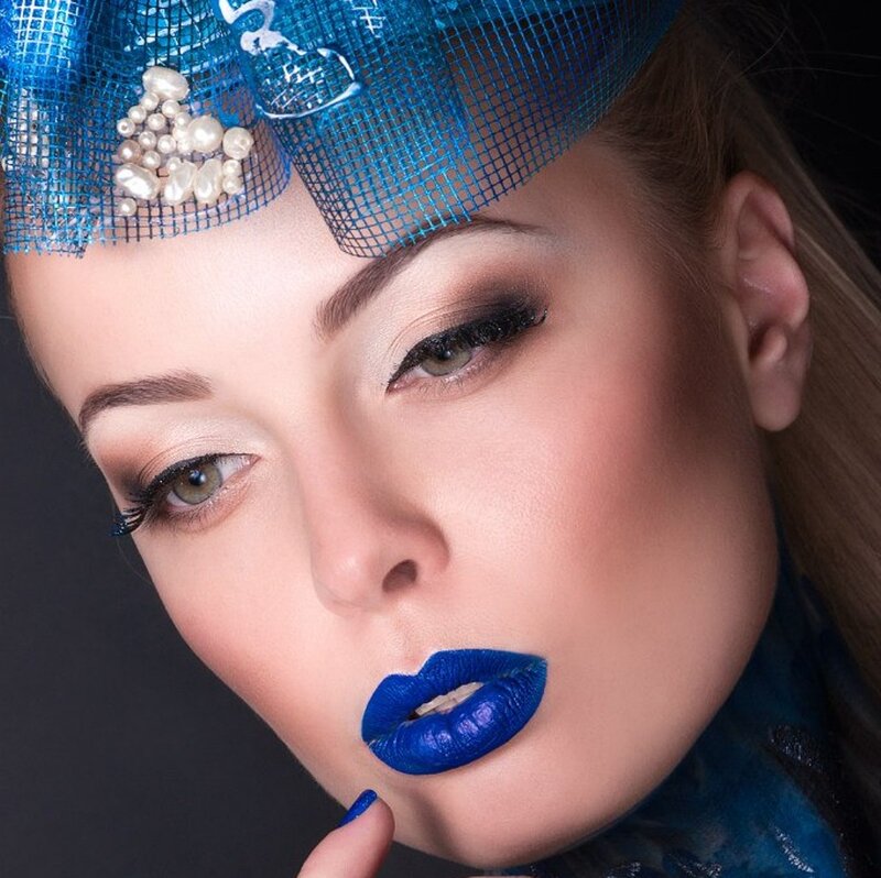 Woman with Blue Makeup — Dramatic, Photograph, Headpiece