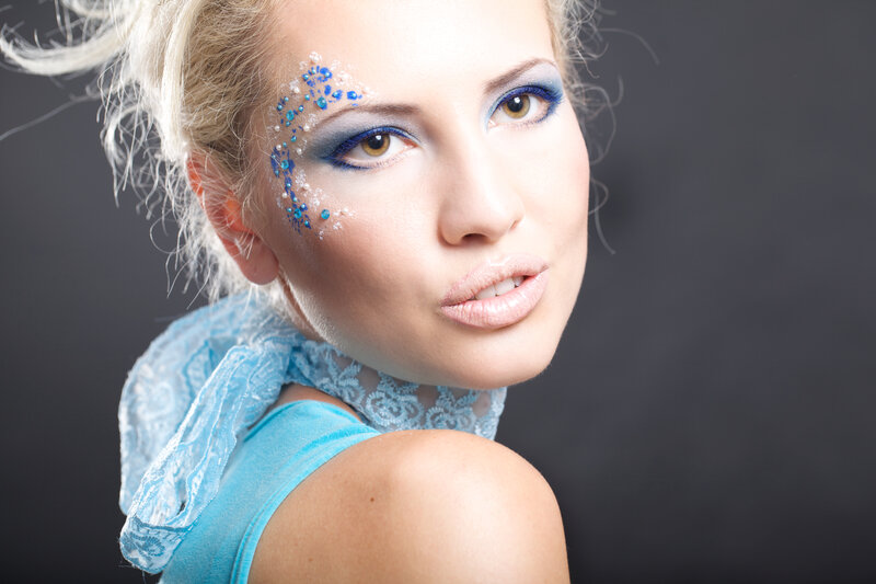 Woman with Blue Makeup — Dramatic, Photograph, Lace