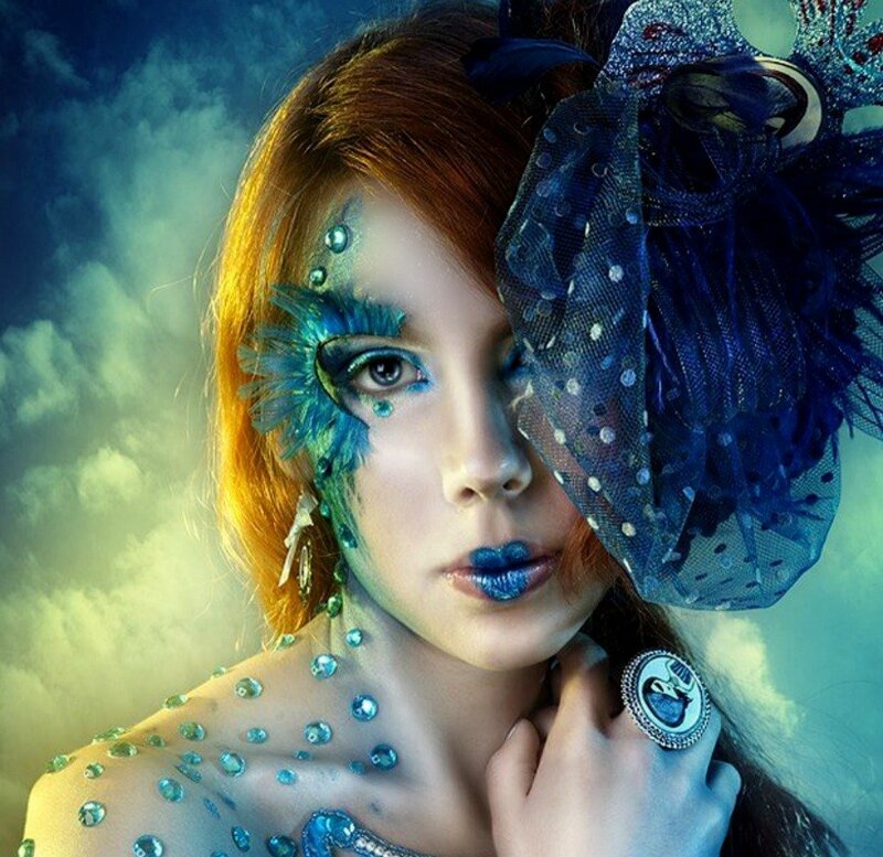 Woman with Blue Makeup — Dramatic, Photograph, Mask