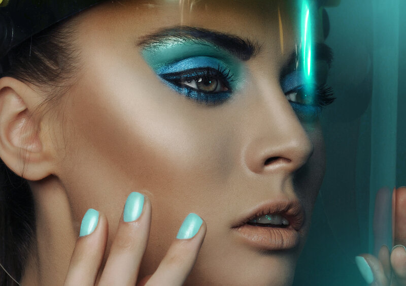 Woman with Blue Makeup — Dramatic, Photograph, Nails, Glass
