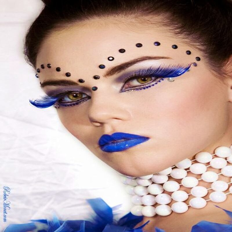 Woman with Blue Makeup — Dramatic, Photograph, Pearl Necklace