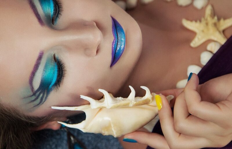 Woman with Blue Makeup — Dramatic, Photograph, Seashells