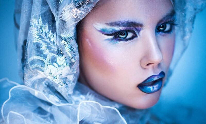Woman with Blue Makeup — Dramatic, Photograph, Veil, Eye Makeup