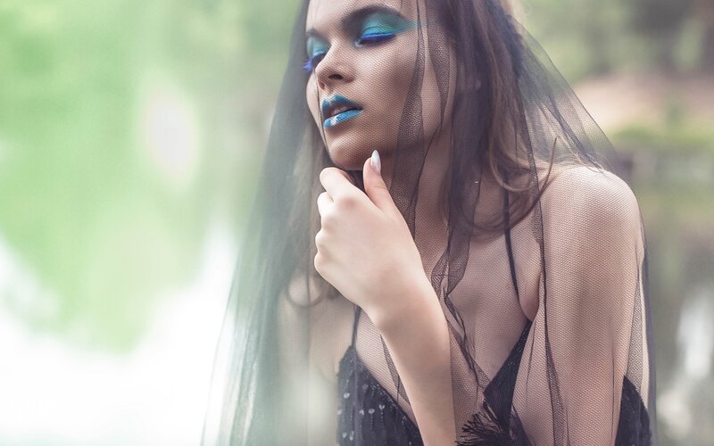 Woman with Blue Makeup — Dramatic, Photograph, Veil, Hand