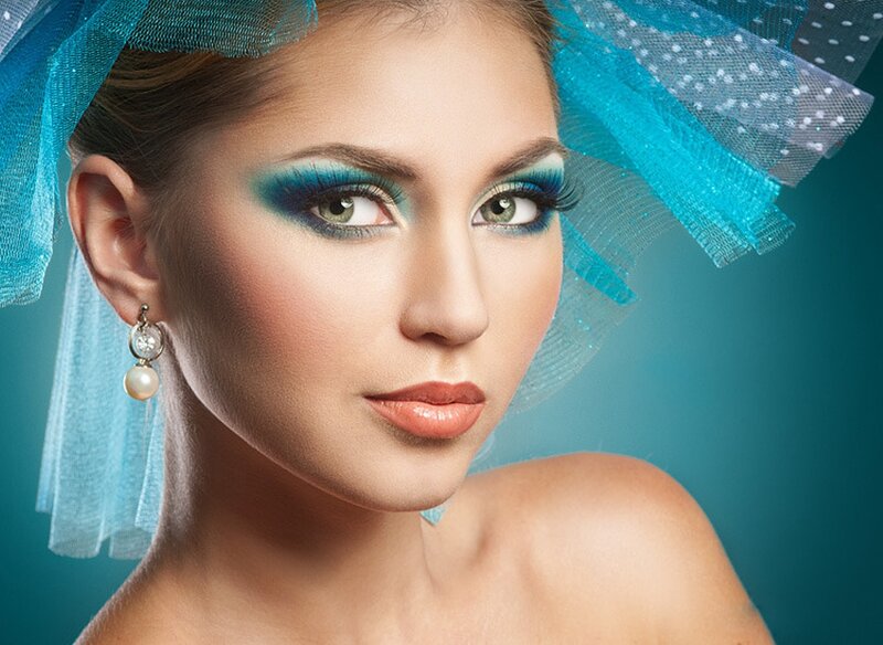 Woman with Blue Makeup — Dramatic, Photograph, Veil