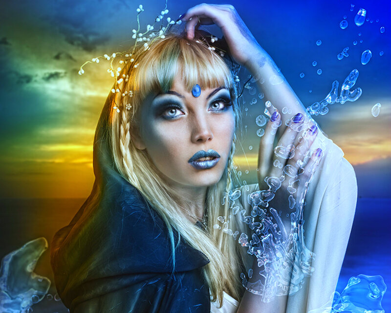 Woman with Blue Makeup — Dramatic, Sunset