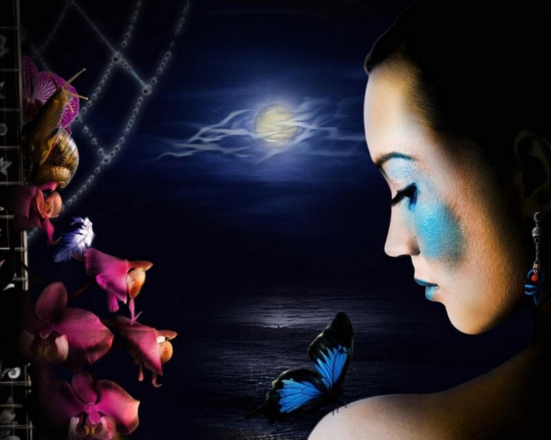 Woman with Blue Makeup — Dreamy, Night, Digital Art, Butterfly