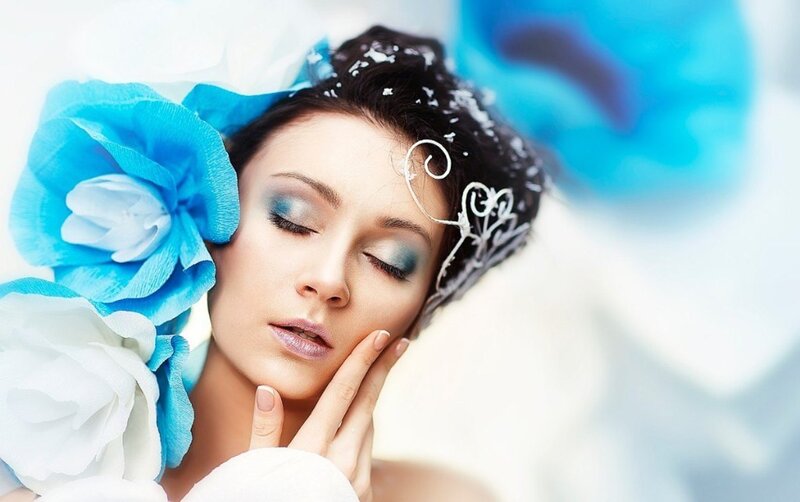 Woman with Blue Makeup — Serene, Photograph, Flowers