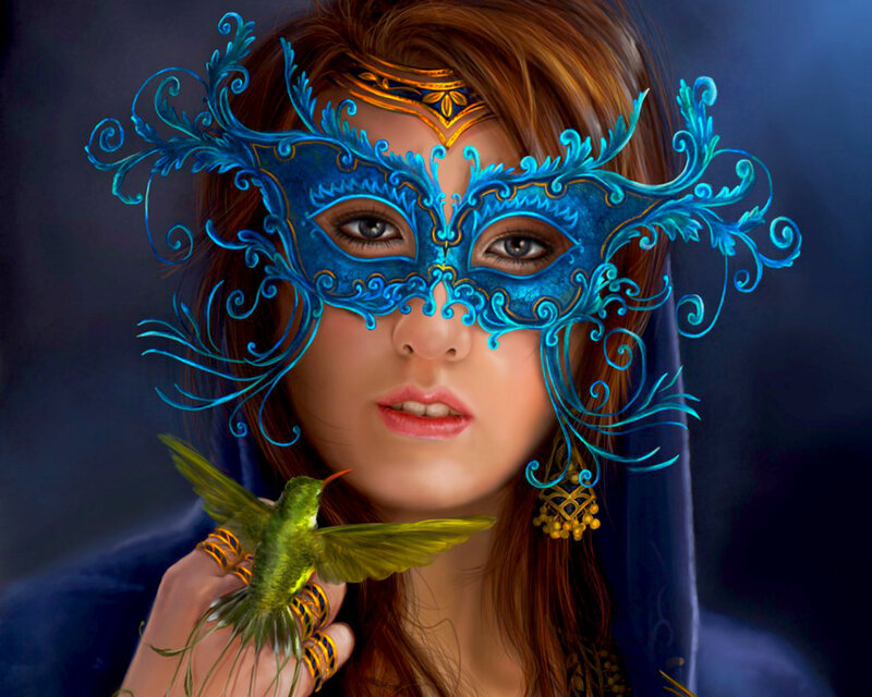 Woman with Blue Mask — Dramatic, Digital Art, Bird