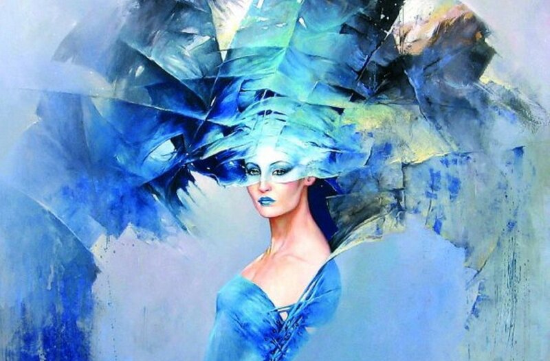 Woman with Blue Mask — Dramatic, Painting
