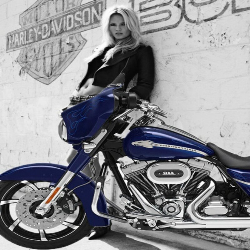 Woman with Blue Motorcycle — Dramatic, Photograph