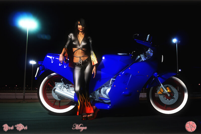 Woman with Blue Motorcycle — Dramatic