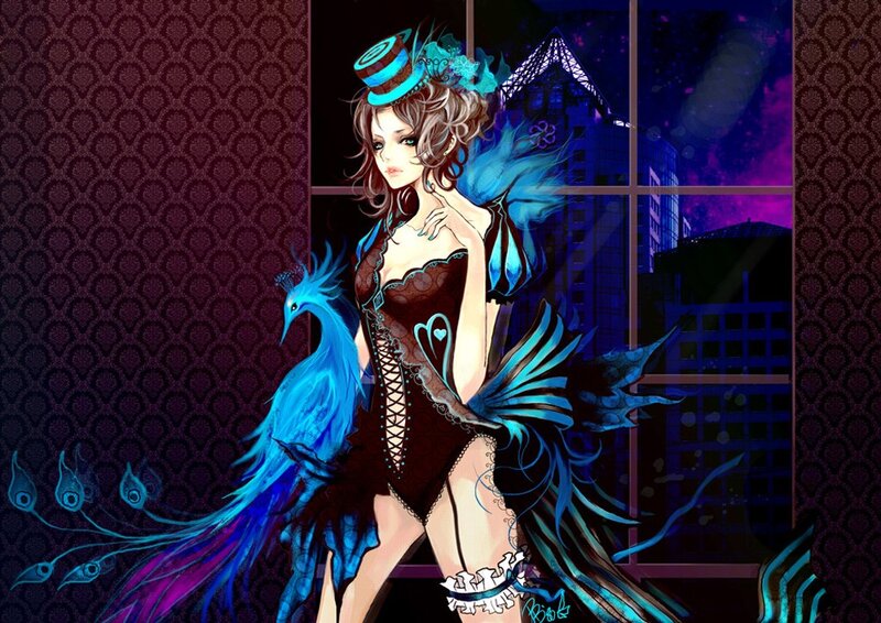woman with blue peacock wings