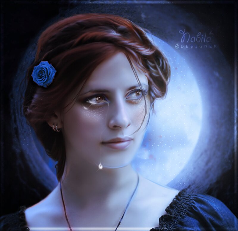 Woman with Blue Rose — Dramatic, Night, Digital Art, Blue Rose