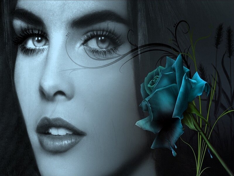 Woman with Blue Rose — Dramatic, Night, Digital Art, Eyes