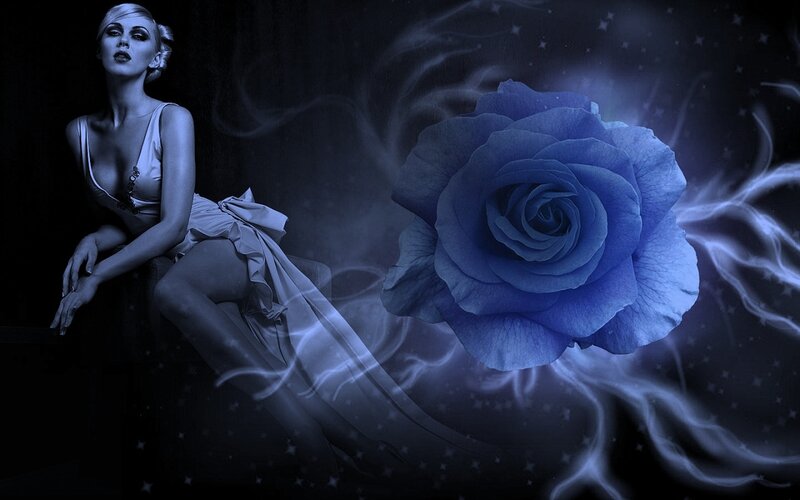 Woman with Blue Rose — Dramatic, Night, Digital Art, Smoke