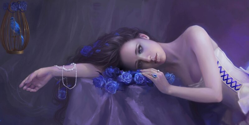 woman with blue roses and birdcage