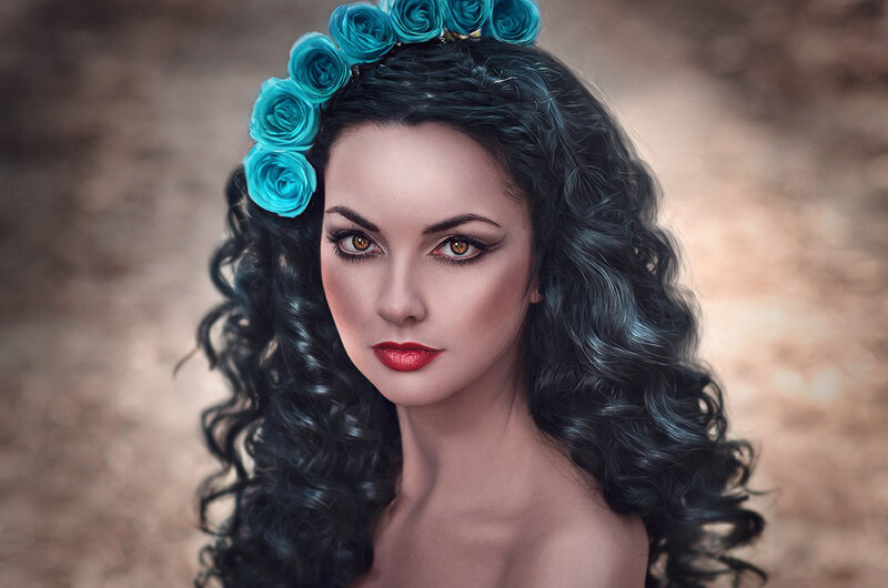 Woman with Blue Roses — Dramatic, Digital Art