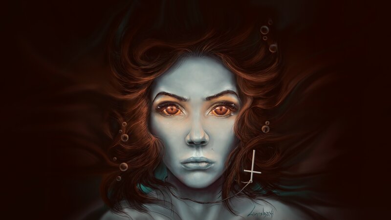 Woman with Blue Skin — Dramatic, Digital Art, Hair, Eyes