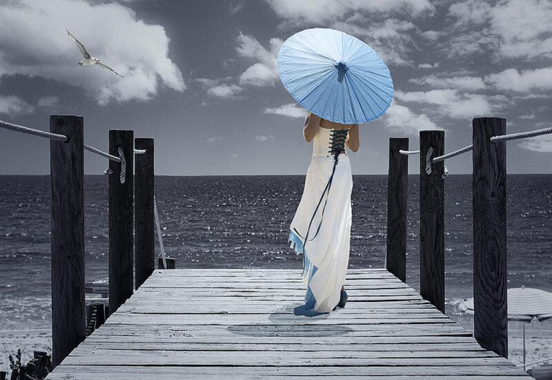 Woman with Blue Umbrella — Dramatic, Photograph