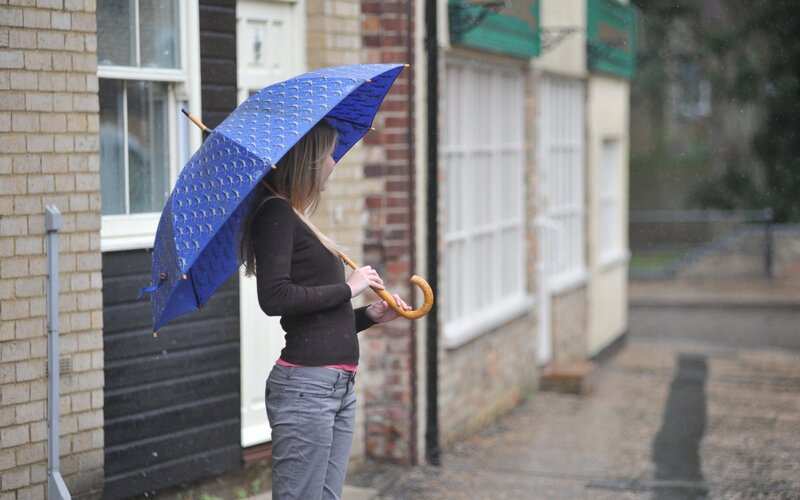 woman with blue umbrella in rain