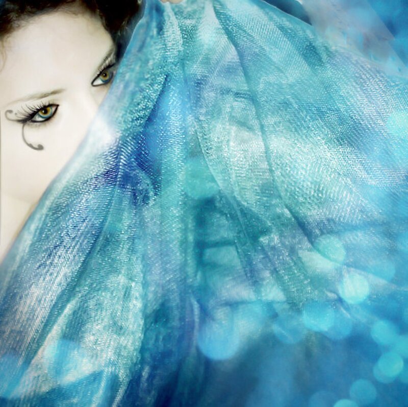 Woman with Blue Veil — Dramatic, Photograph, Eye Makeup