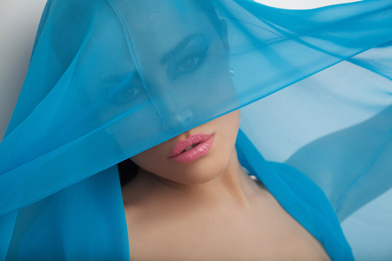 Woman with Blue Veil — Dramatic, Photograph, Lips