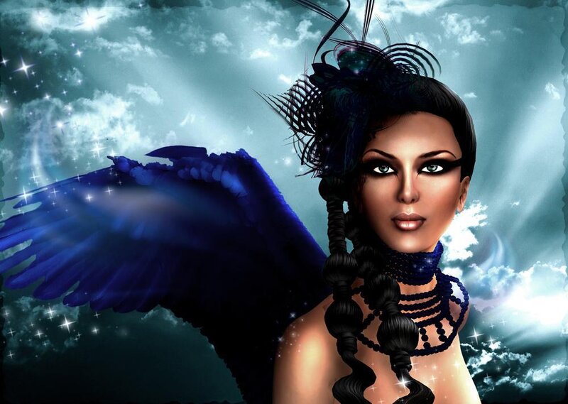 woman with blue wings and feathers